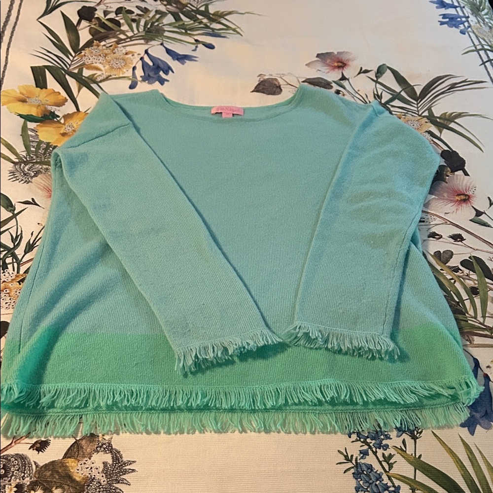 Lilly Pulitzer Cashmere Aqua Fringed Sweater